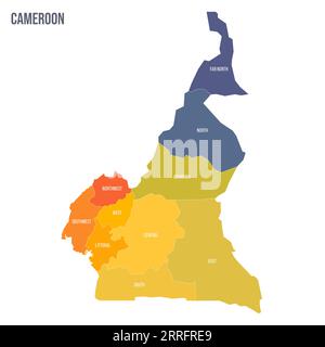 Politische Karte der Verwaltungsbereiche Kameruns - Regionen. Bunte Spektrumkarte mit Etiketten und Ländernamen. Stock Vektor