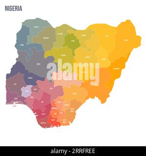 Nigeria politische Karte der Verwaltungsabteilungen - staaten und Bundeshauptstädte. Bunte Spektrumkarte mit Etiketten und Ländernamen. Stock Vektor