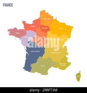 Frankreich politische Karte der Verwaltungsbereiche - Regionen. Bunte Spektrumkarte mit Etiketten und Ländernamen. Stock Vektor