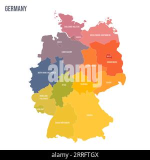 Deutschland politische Karte der Verwaltungsbereiche - bundesländer. Bunte Spektrumkarte mit Etiketten und Ländernamen. Stock Vektor