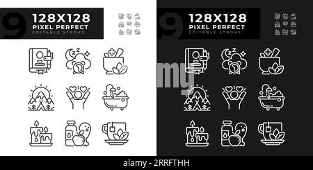 Set mit bearbeitbaren Pixelsymbolen für perfekte helle und dunkle Meditation Stock Vektor