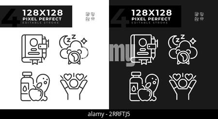 Pixel Perfect Hell und Dunkel Meditation Linien Symbole Set Stock Vektor