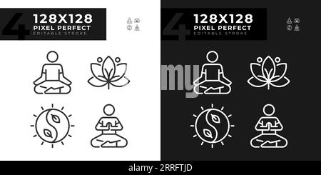 Pixel Perfect Hell und Dunkel Meditation Icons Set Stock Vektor