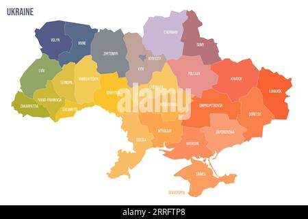 Politische Karte der Verwaltungseinheiten der Ukraine - Regionen, zwei Städte mit Sonderstatus Kiew und Sewastopol und autonome republik Krim. Bunte Spektrumkarte mit Etiketten und Ländernamen. Stock Vektor