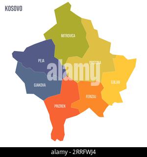 Politische Karte der Verwaltungsbezirke im Kosovo. Bunte Spektrumkarte mit Etiketten und Ländernamen. Stock Vektor