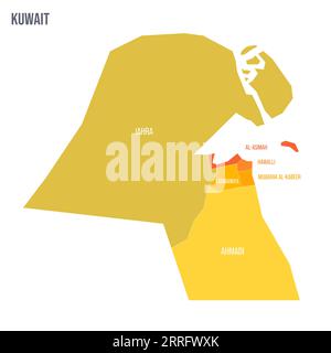 Kuwait politische Karte der Verwaltungseinheiten - Gouvernements. Bunte Spektrumkarte mit Etiketten und Ländernamen. Stock Vektor