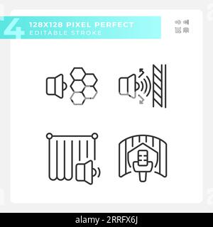 Pixelperfektes schwarzes Set mit Symbolen für Schalldämmung Stock Vektor