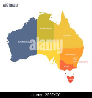 Australien politische Karte der administrativen Abteilungen - staaten und Teritorries. Bunte Spektrumkarte mit Etiketten und Ländernamen. Stock Vektor