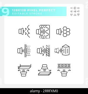 Satz bearbeitbarer Pixel Perfect Black-Symbole zur Schalldämmung Stock Vektor