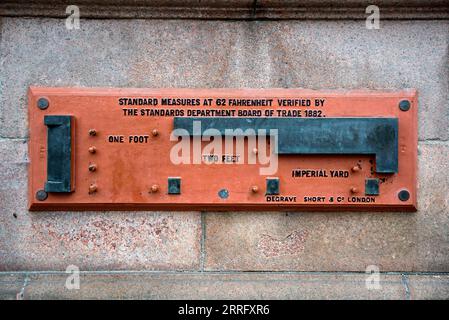 Maßstäbe für ein Stockwerk, zwei Fuß und einen Kaiserhof an der Wand der City Chambers in George Square, Glasgow, Schottland, Großbritannien. Stockfoto