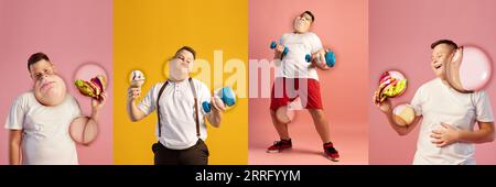 Kreative Collage. Übergewichtiger Teenager, der auf vielfarbigem Hintergrund verschiedene Junk Food isst. Fastfood-Liebhaber Stockfoto