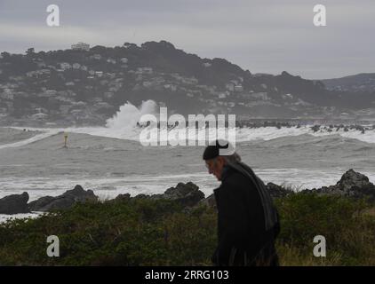 220502 -- WELLINGTON, 2. Mai 2022 -- das am 30. Juni 2021 aufgenommene Foto zeigt riesige Wellen, die die südlichen Vororte von Wellington, der Hauptstadt Neuseelands, treffen. Neue am Montag veröffentlichte Daten zum Anstieg des Meeresspiegels zeigen, dass sich die Geschwindigkeit des Meeresspiegels in weiten Teilen Neuseelands verdoppeln wird, 20 bis 30 Jahre schneller als bisher erwartet. NEUSEELAND-MEERESSPIEGELANSTIEG GuoxLei PUBLICATIONxNOTxINxCHN Stockfoto