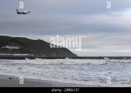 220502 -- WELLINGTON, 2. Mai 2022 -- das am 30. Juni 2021 aufgenommene Foto zeigt riesige Wellen, die die südlichen Vororte von Wellington, der Hauptstadt Neuseelands, treffen. Neue am Montag veröffentlichte Daten zum Anstieg des Meeresspiegels zeigen, dass sich die Geschwindigkeit des Meeresspiegels in weiten Teilen Neuseelands verdoppeln wird, 20 bis 30 Jahre schneller als bisher erwartet. NEUSEELAND-MEERESSPIEGELANSTIEG GuoxLei PUBLICATIONxNOTxINxCHN Stockfoto