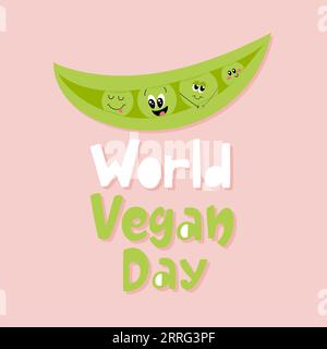 Süße Karte für den veganen Welttag. Handgezeichnetes Maskottchen glückliche Erbsen. Stock Vektor