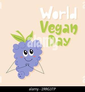 Handgezeichnete Karte für einen veganen Welttag mit süßer lächelnder Traube. Stock Vektor