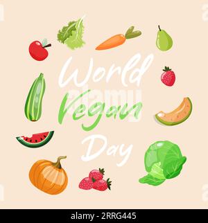 Veganes Weltplakat auf beigem Hintergrund. Buntes, handgezeichnetes Obst- und Gemüsevektordesign. Stock Vektor