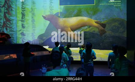 220507 -- LOS ANGELES, 7. Mai 2022 -- Menschen besuchen die L.A. Underwater Ausstellung im Natural History Museum in Los Angeles, USA, am 6. Mai 2022. Eine Ausstellung, die diese Woche im Natural History Museum NHM im Los Angeles County im westlichen US-Bundesstaat Kalifornien eröffnet wurde, enthüllt die untergetauchte Vorgeschichte der Stadt durch Fossilien. Foto von /Xinhua U.S.-LOS ANGELES-UNTERWASSERAUSSTELLUNG ZengxHui PUBLICATIONxNOTxINxCHN Stockfoto