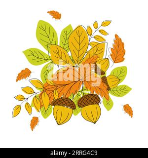 Herbstliche Komposition aus bunten Blättern mit Eicheln und Beeren. Zeichnung von Hand. Stockfoto