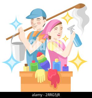 Reiniger mit einer Schachtel mit Reinigungsmitteln und Instrumenten zum Wischen und Reinigen Stock Vektor