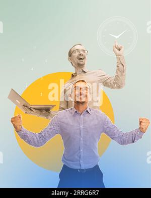 Glücklicher Geschäftsmann mit Laptop, der sich glücklich und begeistert fühlt und den Erfolg bei der Arbeit feiert. Motivation für Wachstum. Collage zeitgenössischer Kunst. Stockfoto