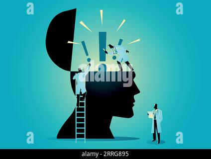 Vektorgrafik eines Teams von Ärzten oder Wissenschaftlern, die das Symbol des menschlichen Kopfes mit einem Ausrufezeichen überprüfen, Symbol für Angststörung Stock Vektor