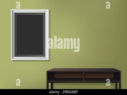 Vektordarstellung eines Fotorahmens an einer grünen Wand mit leerem Tisch als Dekoration Stock Vektor