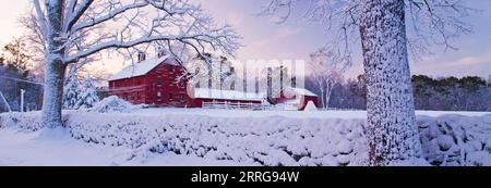 Nathan Hale Homestead nach einem frühen Schneefall Ende Herbst 2011 in Coventry, Connecticut, USA. Stockfoto