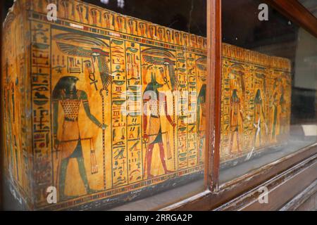 220515 -- KAIRO, 15. Mai 2022 -- Foto aufgenommen am 14. Mai 2022 zeigt einen mit Gott Anubis gemalten Mumie-Sarg im Ägyptischen Museum in Kairo, Ägypten. Als Begräbnisgottheit wird Anubis mit Mumifizierung, Begräbnisritualen und dem Friedhof im alten ägyptischen Mythos in Verbindung gebracht, der normalerweise als schwarzer Hund oder ein Mann mit Hundekopf dargestellt wird. Es ist in einer großen Anzahl von pharaonischen Antiquitäten im weltbekannten Ägyptischen Museum zu finden. ÄGYPTEN-KAIRO-ÄGYPTISCHES MUSEUM-ANUBIS SuixXiankai PUBLICATIONxNOTxINxCHN Stockfoto