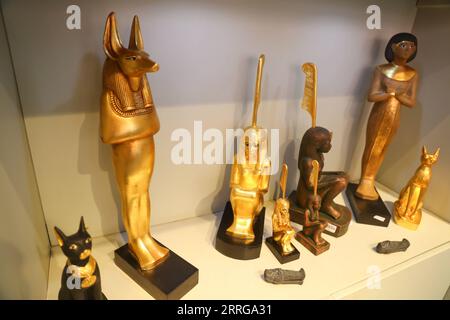 220515 -- KAIRO, 15. Mai 2022 -- Foto aufgenommen am 14. Mai 2022 zeigt die Nachbildung der Statue des Gottes Anubis im Souvenirladen des Ägyptischen Museums in Kairo, Ägypten. Als Begräbnisgottheit wird Anubis mit Mumifizierung, Begräbnisritualen und dem Friedhof im alten ägyptischen Mythos in Verbindung gebracht, der normalerweise als schwarzer Hund oder ein Mann mit Hundekopf dargestellt wird. Es ist in einer großen Anzahl von pharaonischen Antiquitäten im weltbekannten Ägyptischen Museum zu finden. ÄGYPTEN-KAIRO-ÄGYPTISCHES MUSEUM-ANUBIS SuixXiankai PUBLICATIONxNOTxINxCHN Stockfoto