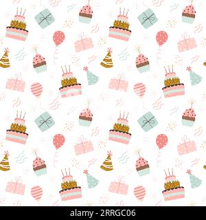 Alles Gute zum Geburtstag. Kuchen, Ballons, Geschenke und Partyhüte. Festlicher Hintergrund im einfachen Stil, Vektorillustration Stock Vektor