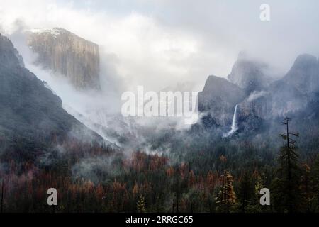 Nebel und Wolken schweben über dem Yosemite Valley, wie von Tunnel View aus gesehen. Stockfoto
