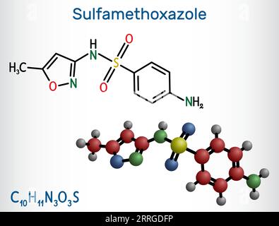 Sulfamethoxazol, SMZ, SMX-Molekül. Es ist ein Sulfonamid-Antibiotikum, das bei bakteriellen Infektionen verwendet wird. Strukturelle chemische Formel, Molekülmodell. Stock Vektor