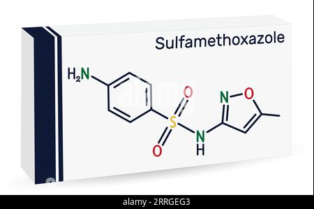 Sulfamethoxazol, SMZ, SMX-Molekül. Skelettchemische Formel. Papierverpackungen für Medikamente. Stock Vektor