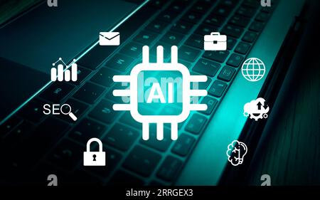 Laptop mit AI-Hologramm-Schnittstelle. AI-Konzept der Eingabeaufforderung. Chat-KI. Künstliche Intelligenz. Futuristische Technologietransformation. Stockfoto