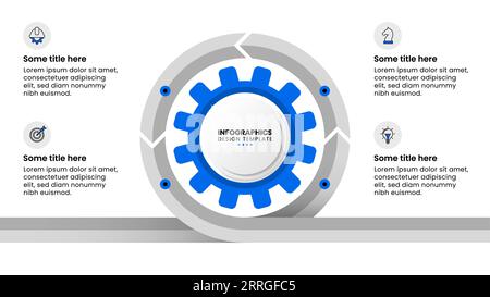Infografikvorlage mit Symbolen und 4 Optionen oder Schritten. Blaues Zahnrad. Kann für Workflow-Layout, Diagramm, Banner und Webdesign verwendet werden. Vektorillustration Stock Vektor