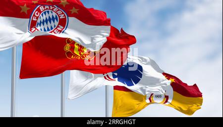 Monaco, MC, August 31 2023: Die Flaggen der Gruppe-A-Teams der UEFA Champions League 2023-24 flattern im Wind. Illustrativer Leitartikel 3d illu Stockfoto