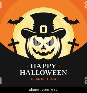 Glückliche Halloween Grußkarte Social Media Post Angry Kürbis Silhouette Design Vorlage Vektor flache Illustration. Traditioneller gruseliger Oktober-Urlaub Stock Vektor