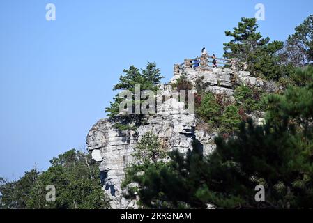 Der Little Pinnacle bietet einen Blick auf den Pilot Mountain State Park in North Carolina. Stockfoto