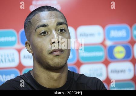 Baku, Aserbaidschan. September 2023. Der belgische Youri Tielemans wurde auf einer Pressekonferenz der belgischen Fußballnationalmannschaft Red Devils am Freitag, den 8. September 2023, in Baku, Aserbaidschan, vorgestellt. Die Teufel spielen morgen Aserbaidschan. BELGA PHOTO BRUNO FAHY Credit: Belga News Agency/Alamy Live News Stockfoto