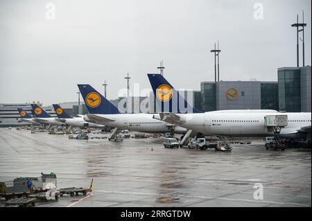 04.08.2023, Frankfurt, Hessen, Deutschland, Europa - Lufthansa Passagierflugzeuge werden an einem regnerischen Tag am Gate des Frankfurter Flughafenterminals 1 geparkt. Stockfoto