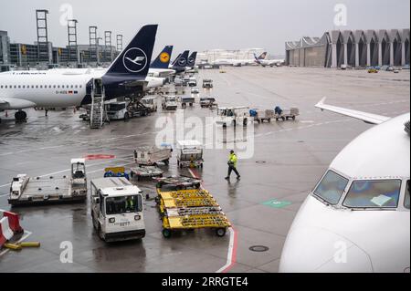 04.08.2023, Frankfurt, Hessen, Deutschland, Europa - Lufthansa Passagierflugzeuge werden an einem regnerischen Tag am Gate des Frankfurter Flughafenterminals 1 geparkt. Stockfoto