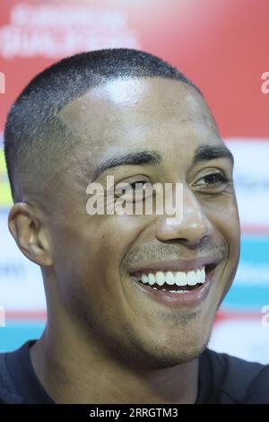 Baku, Aserbaidschan. September 2023. Der belgische Youri Tielemans wurde auf einer Pressekonferenz der belgischen Fußballnationalmannschaft Red Devils am Freitag, den 8. September 2023, in Baku, Aserbaidschan, vorgestellt. Die Teufel spielen morgen Aserbaidschan. BELGA PHOTO BRUNO FAHY Credit: Belga News Agency/Alamy Live News Stockfoto