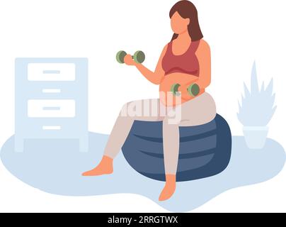 Cartoon-Charakter schwangere Frauen, die Übungen machen. Regelmäßige körperliche Aktivität und gesunder Lebensstil. Gesunde Schwangerschaft und Sport. Stock Vektor