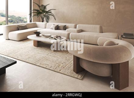 Boho beige Wohnzimmer mit Palmenpflanzen und Dekor - Teppichhintergrund. Helles modernes japanisches Naturpanorama. Horizontales Banner mit Panoramahintergrund. 3d Stockfoto