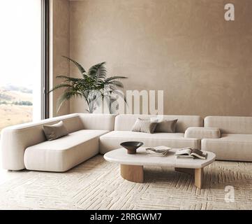 Boho beige Wohnzimmer mit Palmenpflanzen und Dekor - Teppichhintergrund. Helles modernes japanisches Naturpanorama. 3D-Rendering. Hochwertige 3D-Illustration Stockfoto