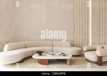 Boho beige Wohnzimmer mit Palmenpflanzen und Dekor - Teppichhintergrund. Helles modernes japanisches Naturpanorama. 3D-Rendering. Hochwertige 3D-Illustration Stockfoto