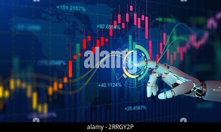 AI-Roboter, der Forex-Karten und -Diagramme von Hand berührt, Börsenanzeige an Bord. Investitionen und Handel an der Börse mit künstlicher Intelligenz. Stockfoto