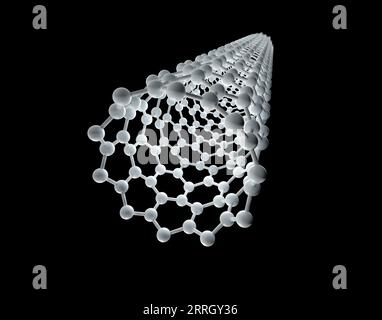Ein 3D-Rendering eines molekularen Modells einer Kohlenstoff-Nanoröhre, isoliert auf schwarzem Hintergrund. Stockfoto