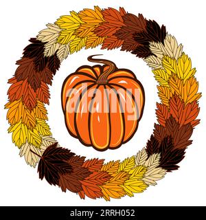 Kürbis in einem runden Rahmen aus herbstorangen und gelben Ahornblättern. JPEG-Illustration für Aufkleber, Erstellen von Mustern, Geschenkpapier, Postkarten, Stockfoto