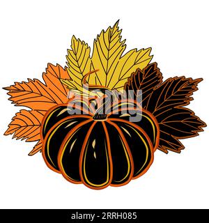 Herbstbilder von schwarzem runden Reifen Kürbis mit bunten Ahornblättern. JPEG-Illustration für Aufkleber, Erstellen von Mustern, Einwickeln von Papier, Stockfoto